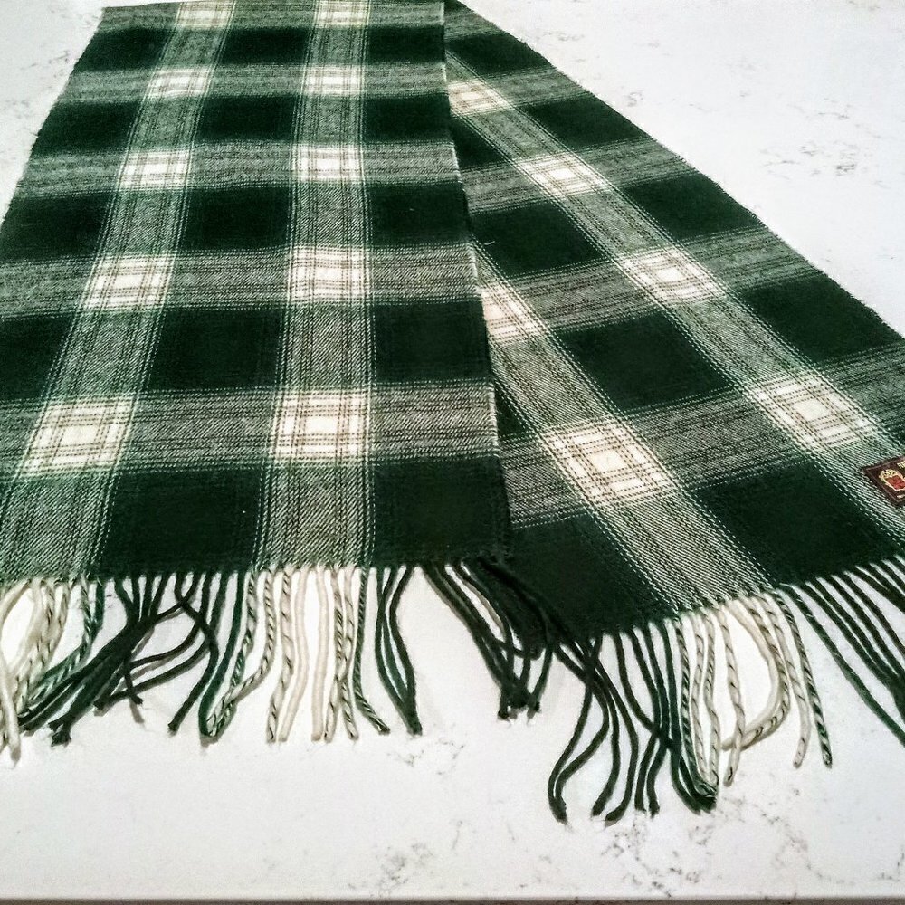 Berkshire Italian Forest Green White Plaid Fringed Scarf